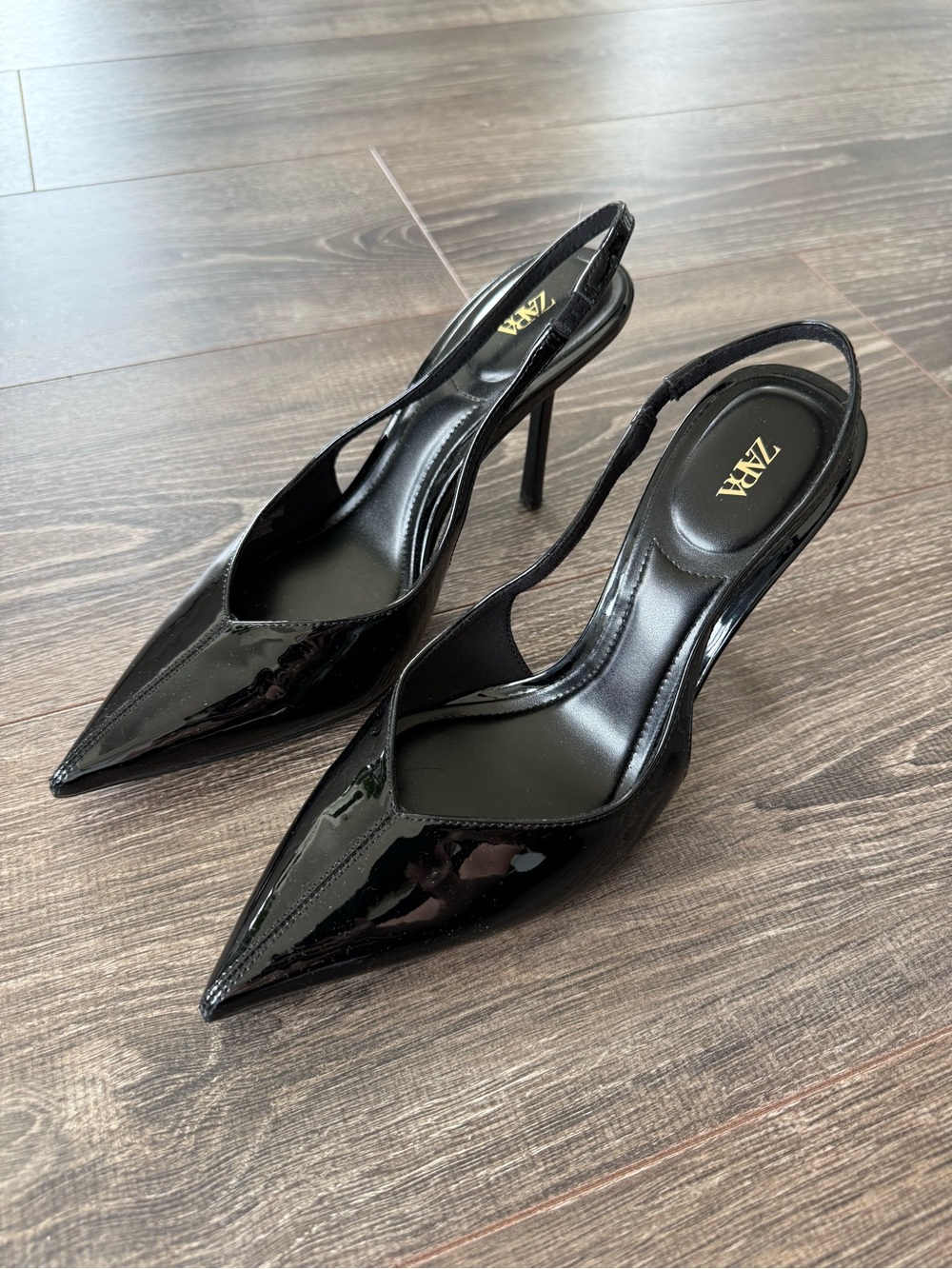 Zara Glossy Black Pointed Slingback Stiletto Heels